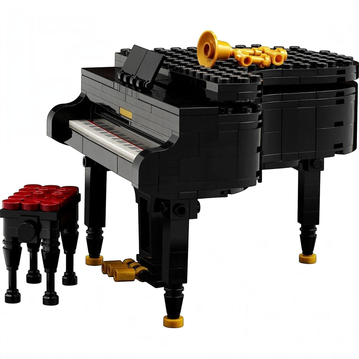 [built-detail] LEGO model of a grand piano with stool on a white background