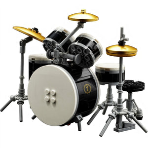 [built-detail] LEGO drum set with black bass drum, white snare drum, and gold cymbals on a white background
