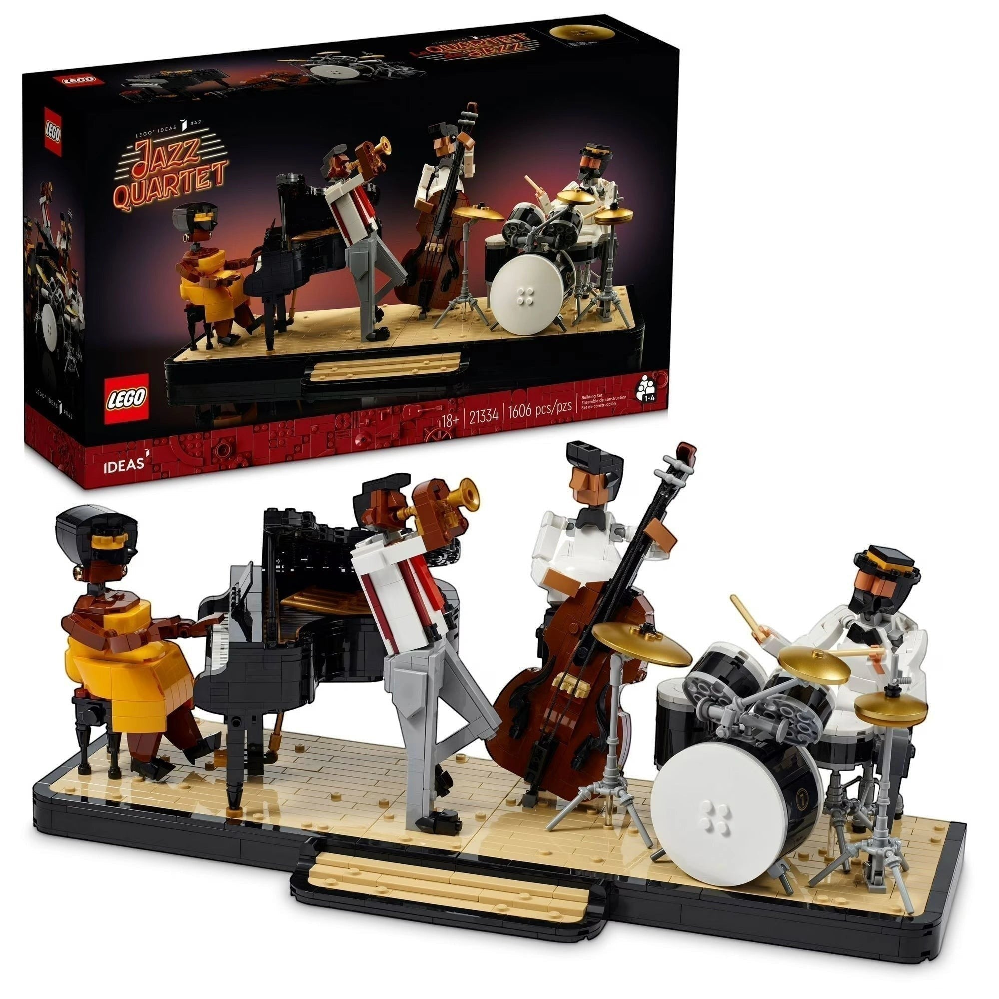 LEGO Ideas Jazz Quartet set with detailed figures and instruments on a white background