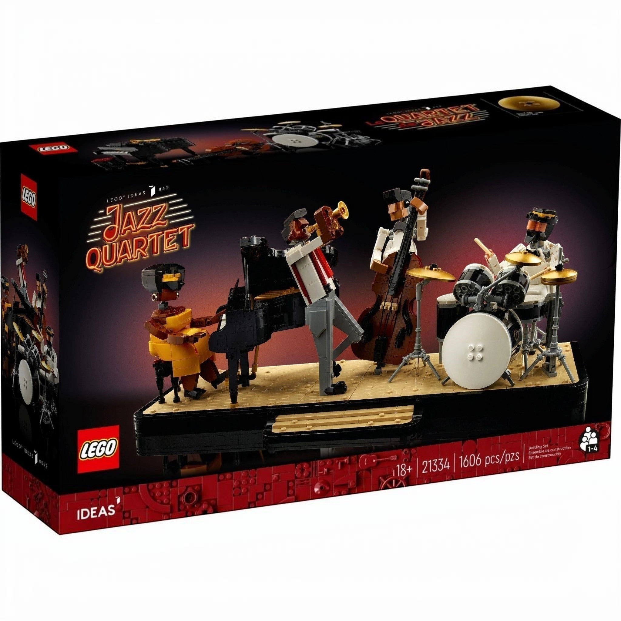 LEGO Ideas Jazz Quartet set packaging with LEGO logo and jazz musicians on stage.