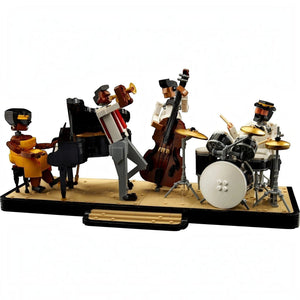 [built-white] LEGO model of a band performing on stage with a piano, guitar, and drums.