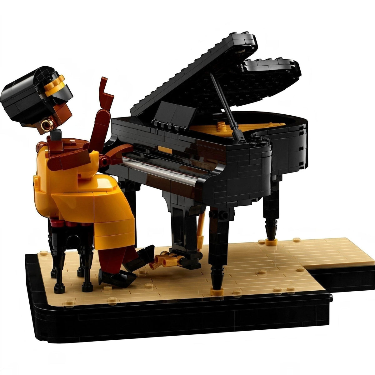 [built-detail] LEGO model of a man playing a grand piano on a white background