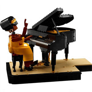 [built-detail] LEGO model of a man playing a grand piano on a white background