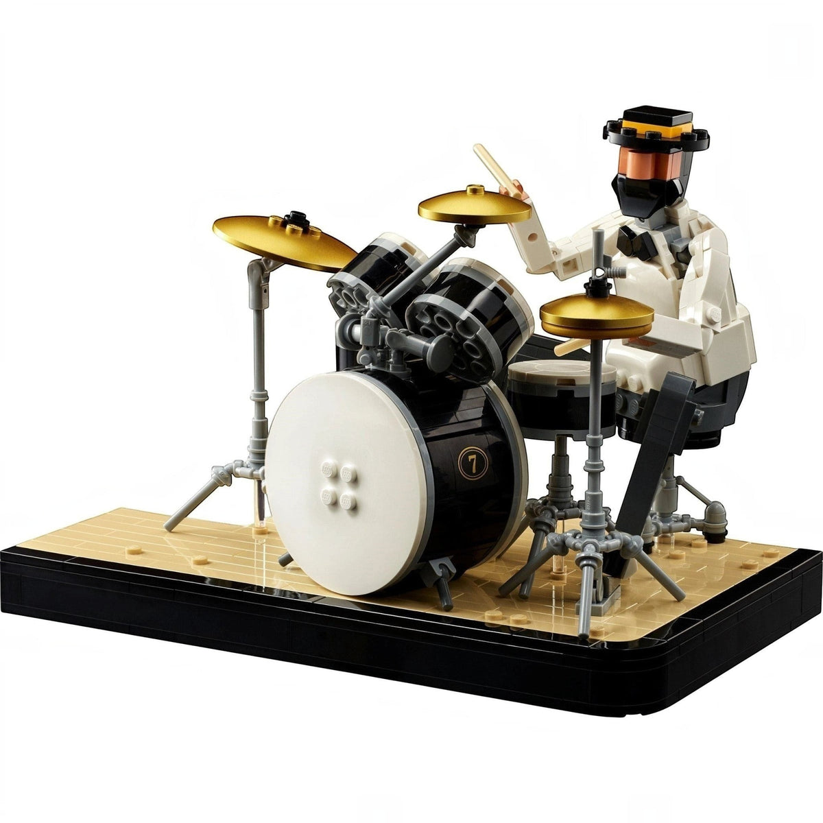 [built-detail] LEGO drum set with a drummer figure on a white background