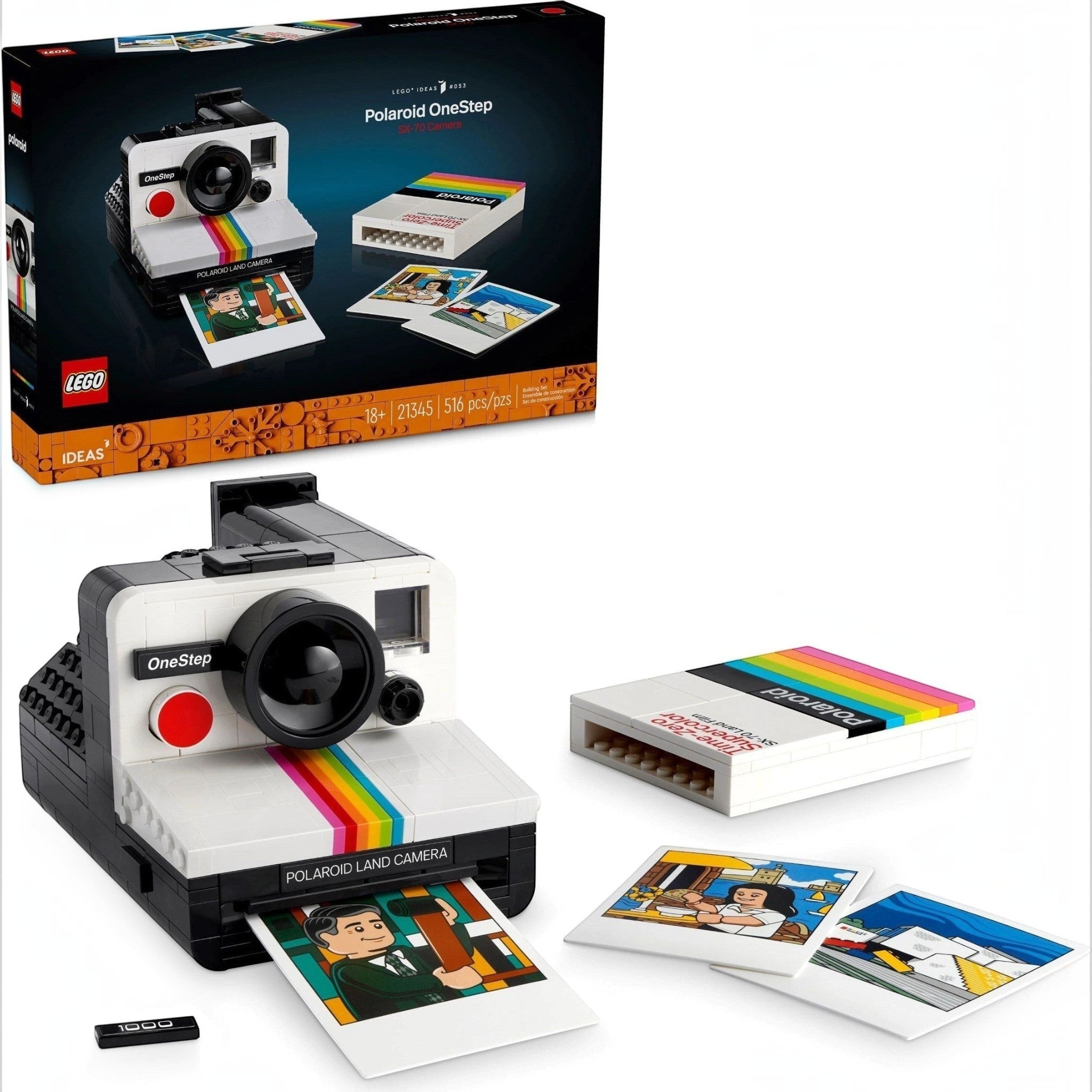 LEGO Polaroid OneStep camera set with packaging and printed photos on a white background