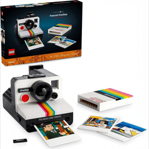 LEGO Polaroid OneStep camera set with packaging and printed photos on a white background