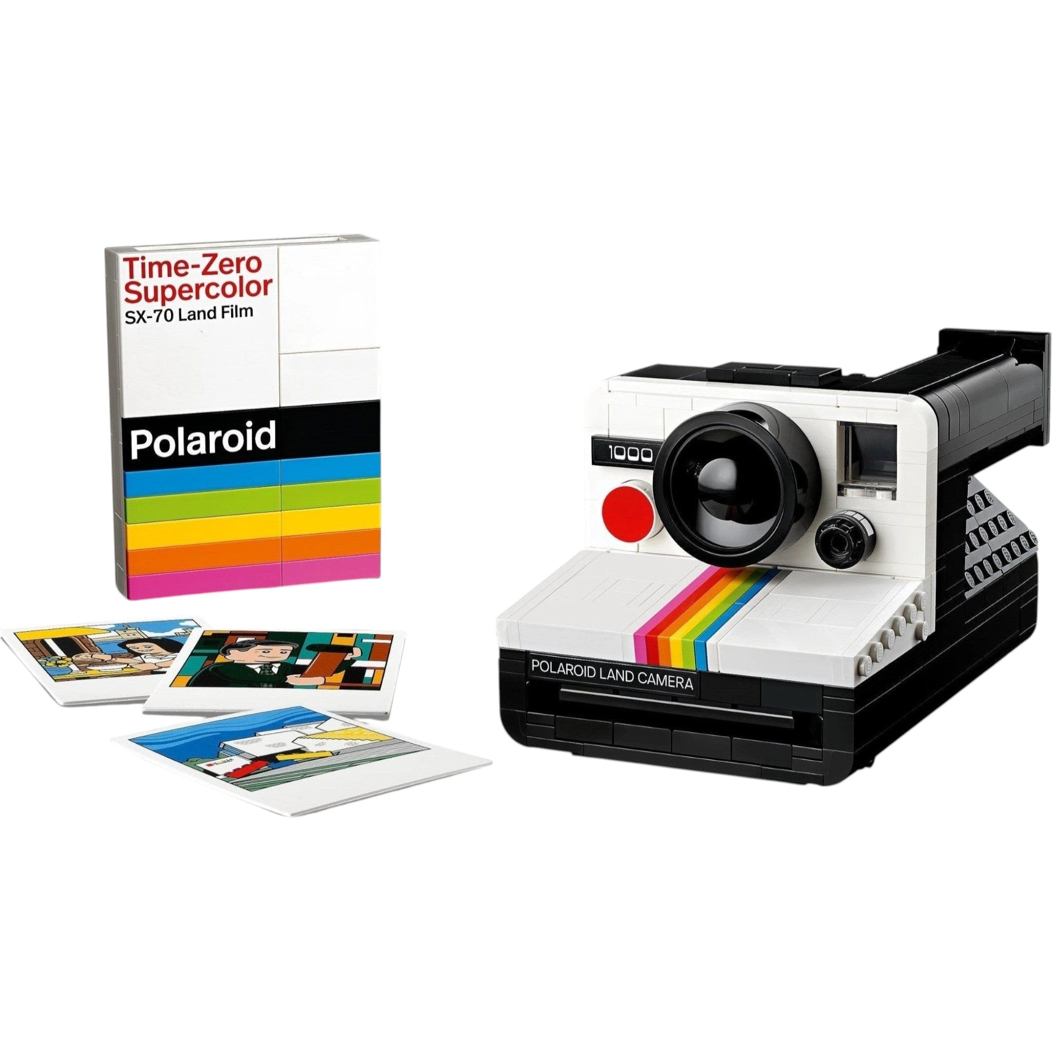 Polaroid camera with instant photos and packaging on a white background
