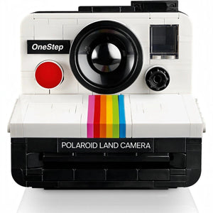 Polaroid Land Camera model OneStep with colorful stripe on a white background
