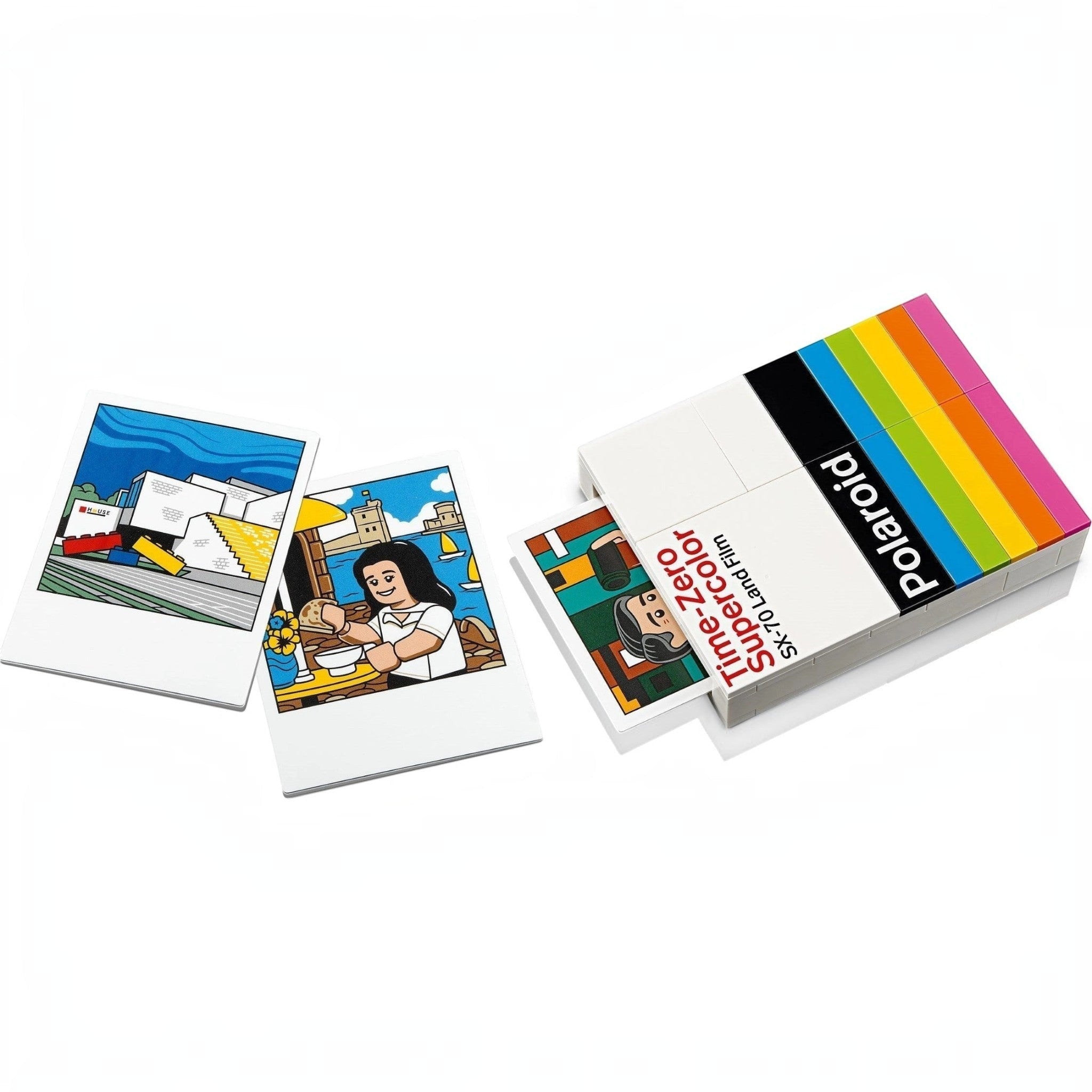 Three Polaroid photo prints and a box with 'Polaroid' branding on a white background