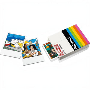 Three Polaroid photo prints and a box with 'Polaroid' branding on a white background