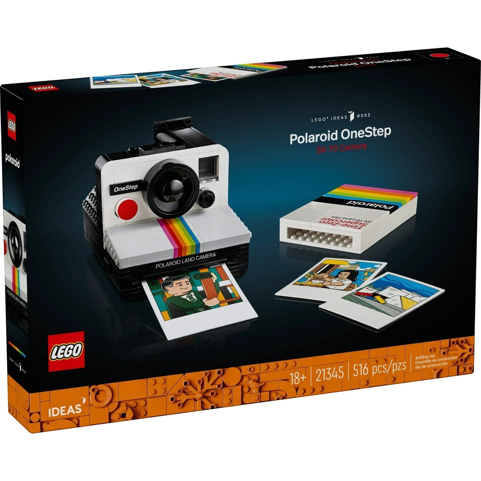 LEGO Polaroid OneStep camera set packaging on a white background