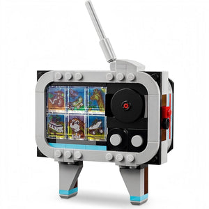 Toy robot with screen displaying images on a white background