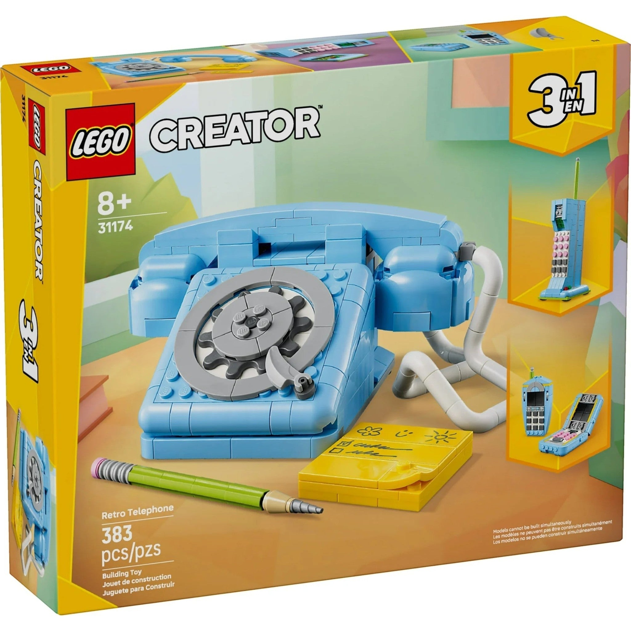 LEGO Creator retro telephone set packaging with yellow border and blue telephone model.