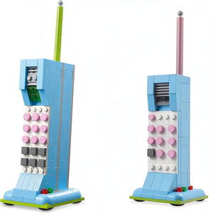 Toy radio model made of interlocking bricks on a white background