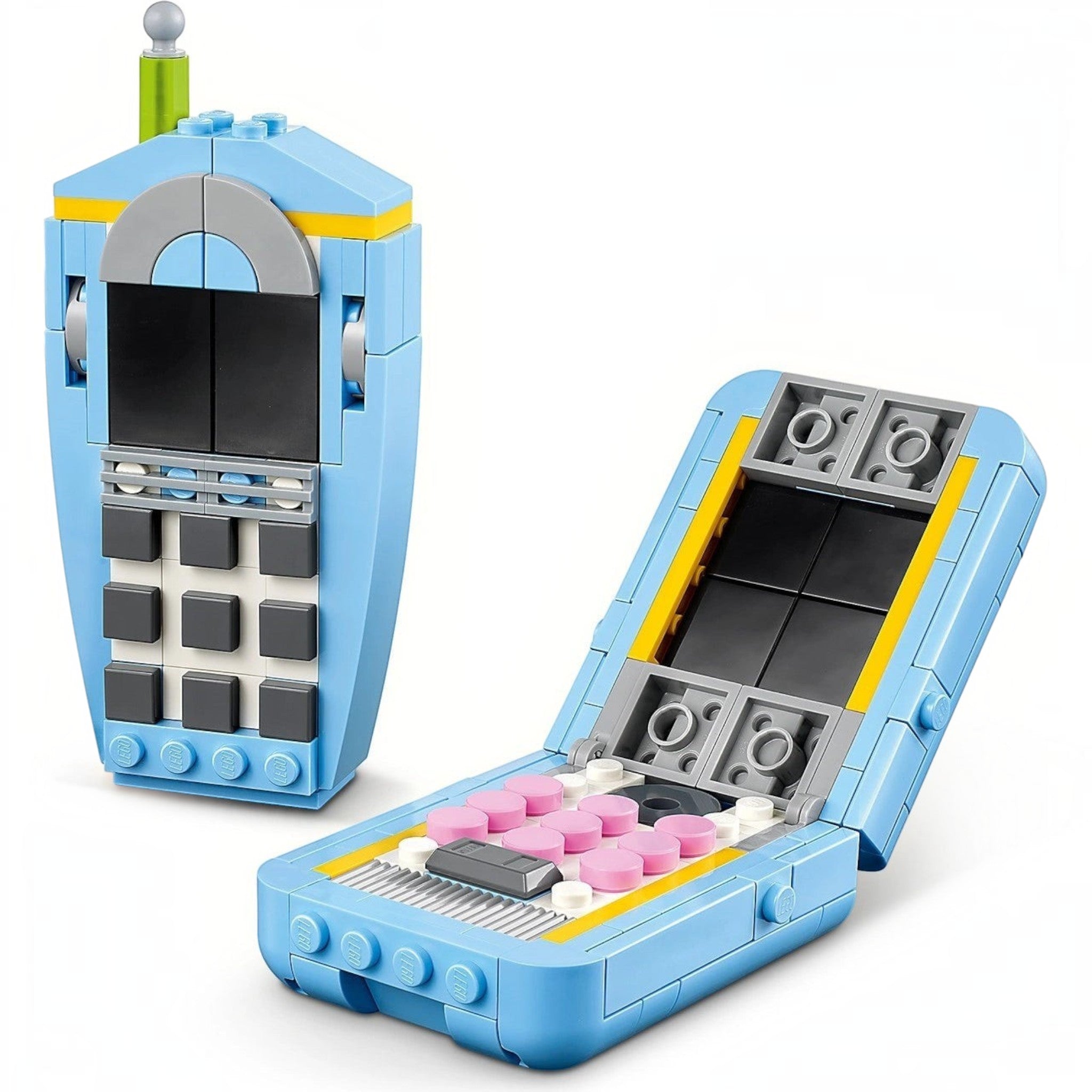 Toy phone model made of interlocking bricks on a white background