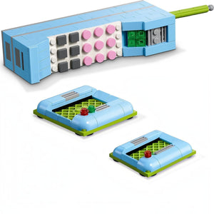 Toy building set with blue and green components on a white background