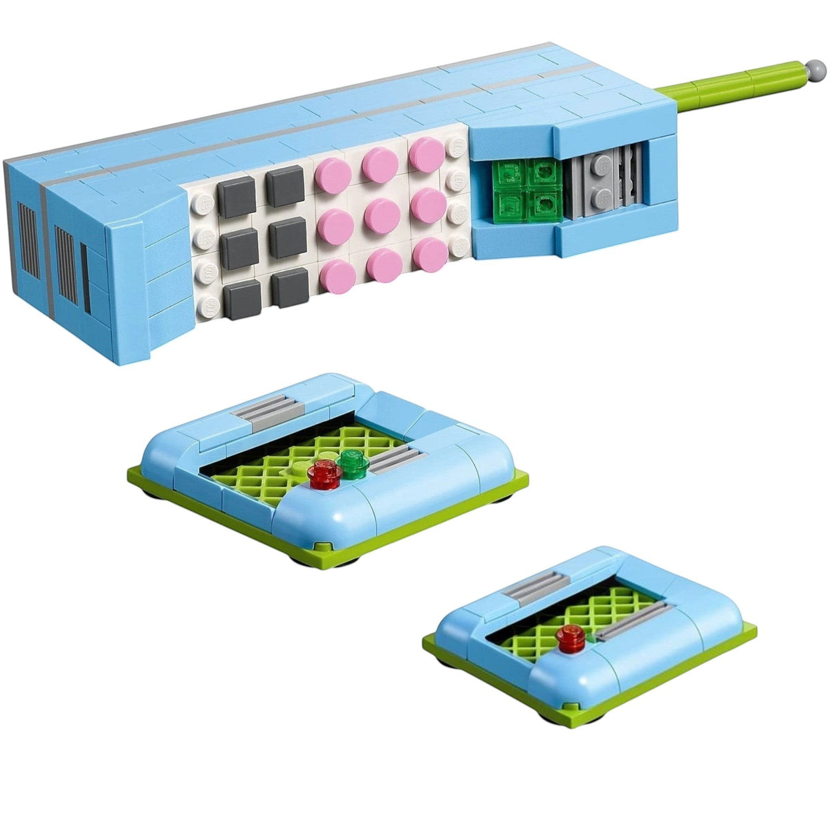 [built-angle] Toy building set with blue and green components on a white background
