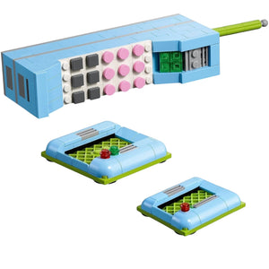 [built-angle] Toy building set with blue and green components on a white background