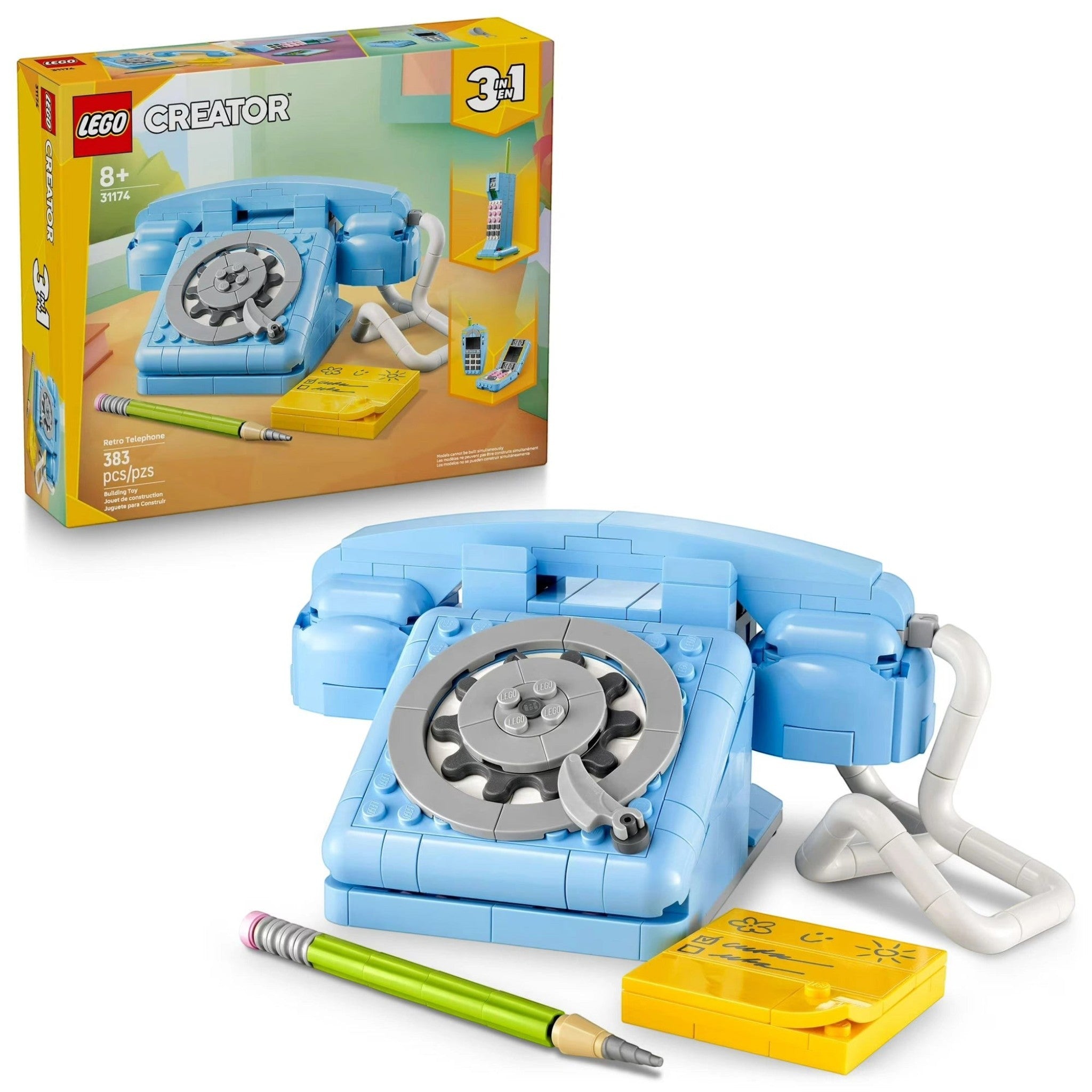 LEGO Creator set of a blue telephone with packaging in the background
