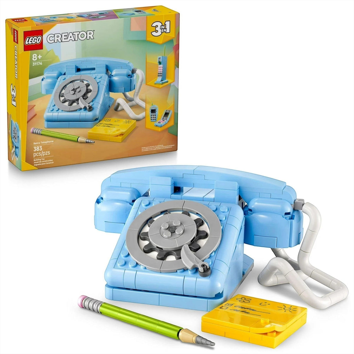 [box-set] LEGO Creator set of a blue telephone with packaging in the background