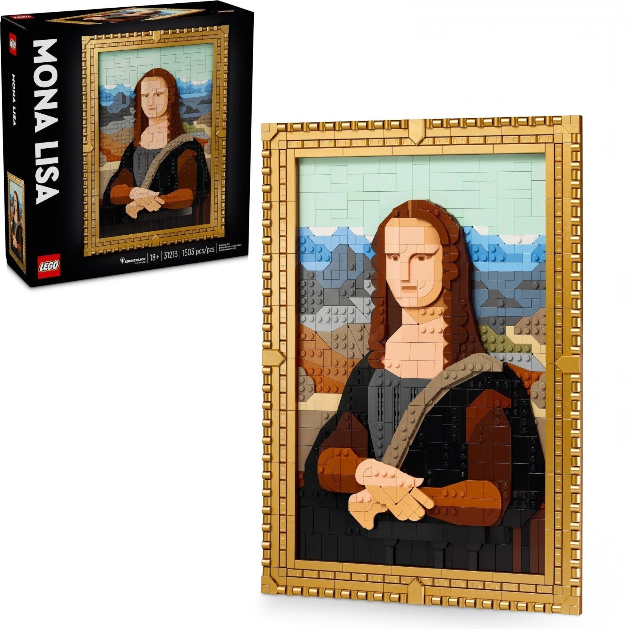 LEGO Mona Lisa set with packaging on a white background