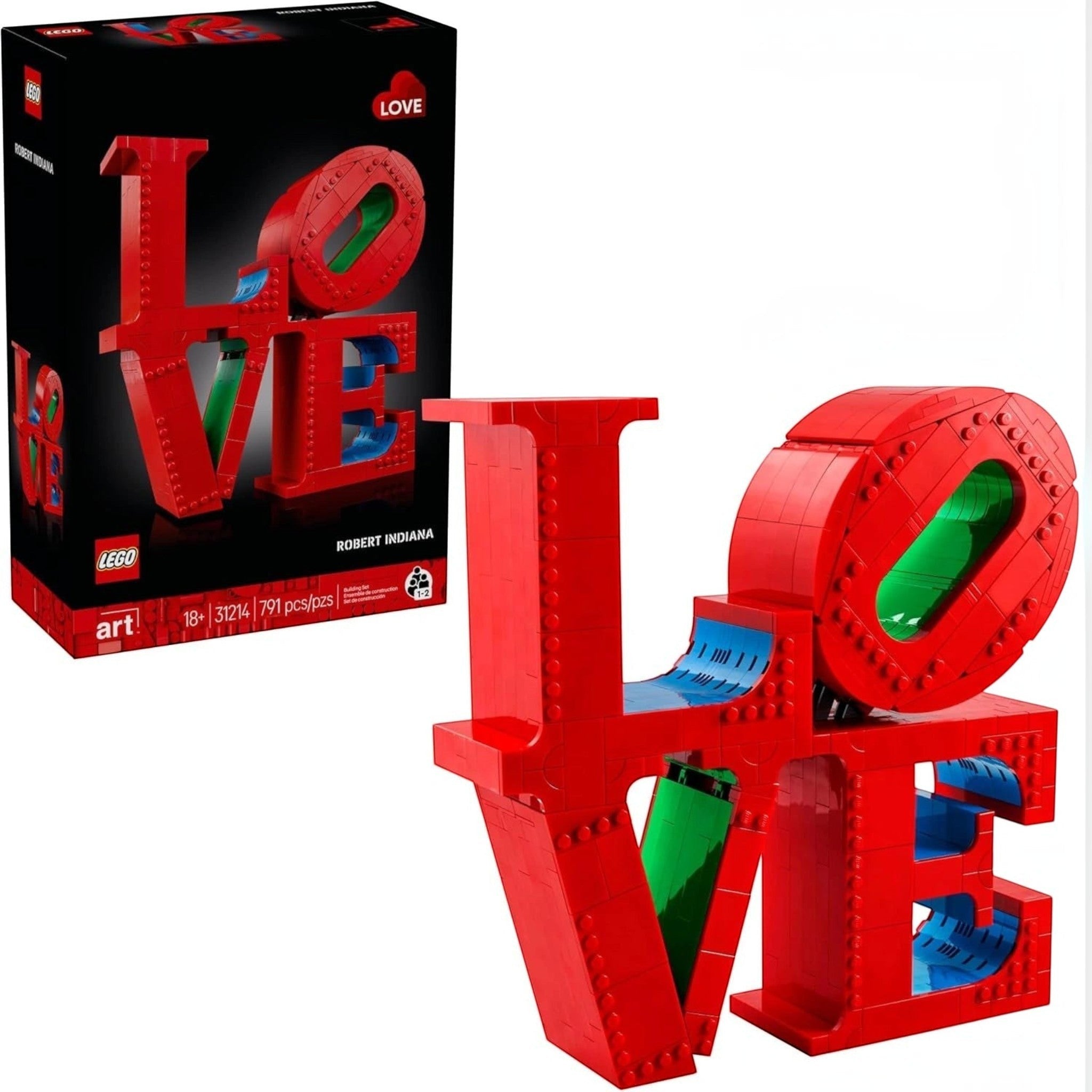 Red LEGO sculpture of the word 'LOVE' next to its packaging