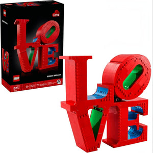 Red LEGO sculpture of the word 'LOVE' next to its packaging