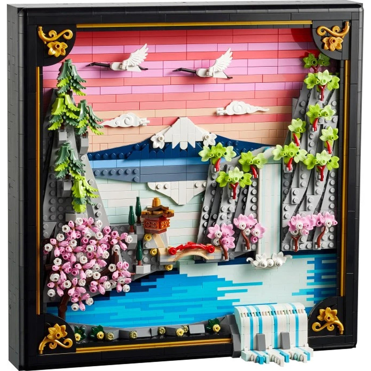 [built-white] LEGO 31218 Japanese Cherry Blossom Landscape  set on white background.