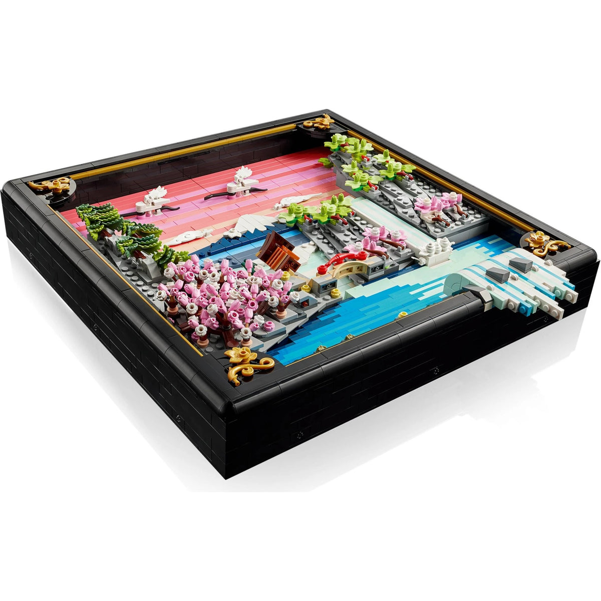 [built-angle] LEGO 31218 Japanese Cherry Blossom Landscape set on white background.