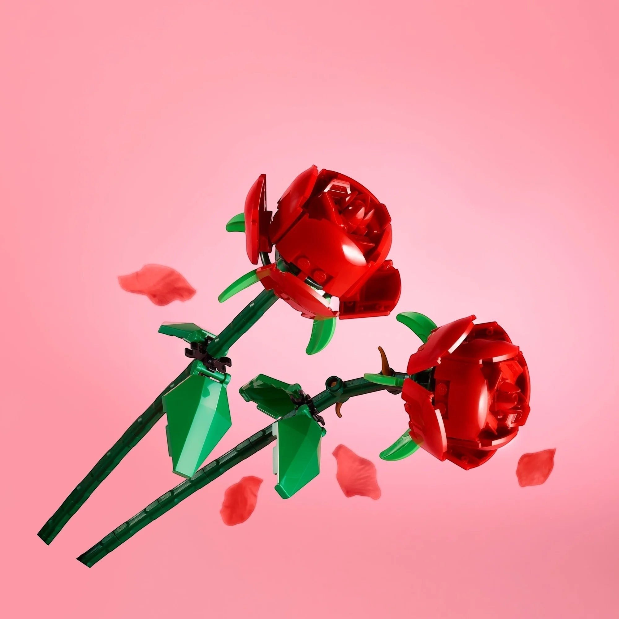 Red roses made of transparent plastic on a pink background