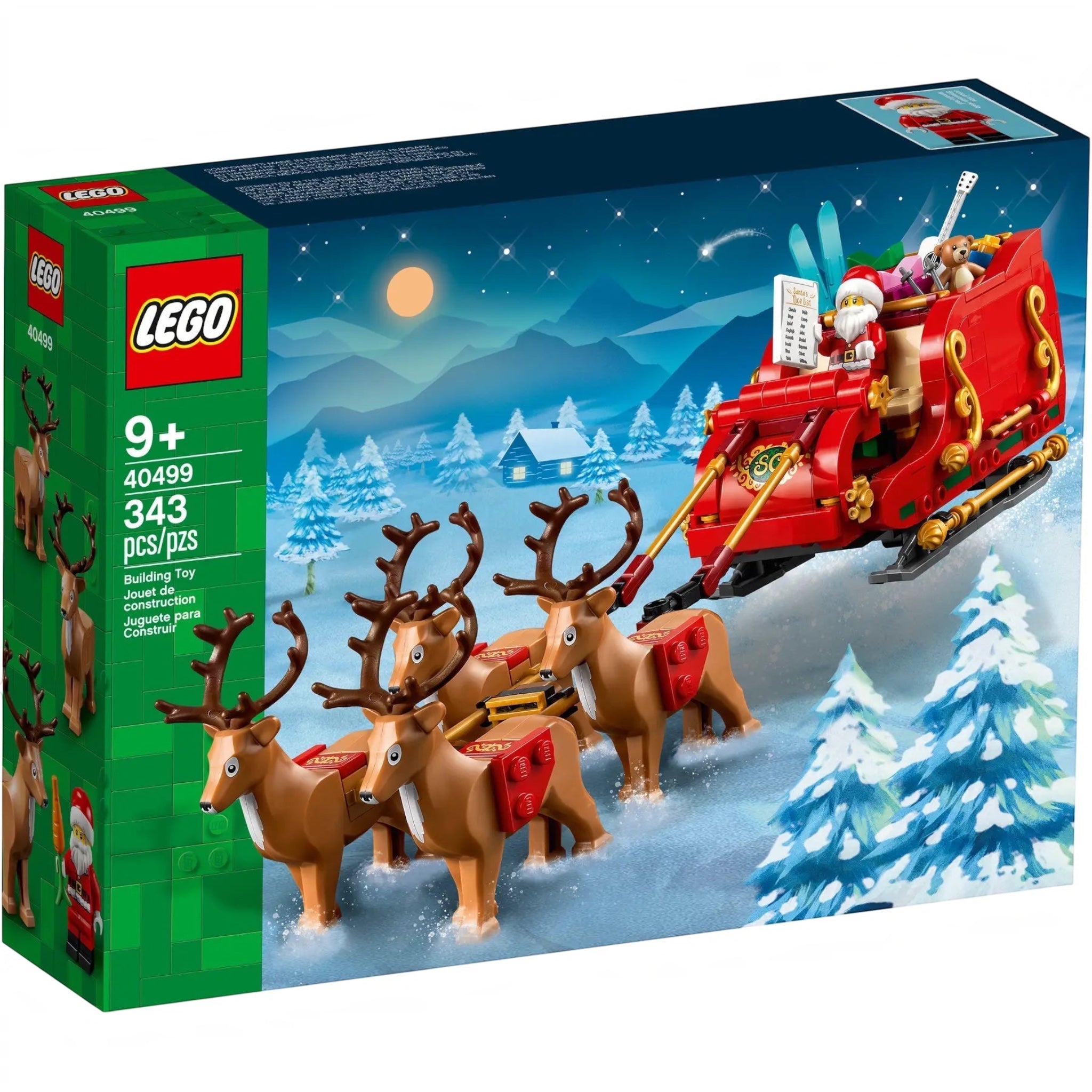 LEGO Santa's Sleigh set packaging with reindeer and Santa Claus on a snowy night scene.