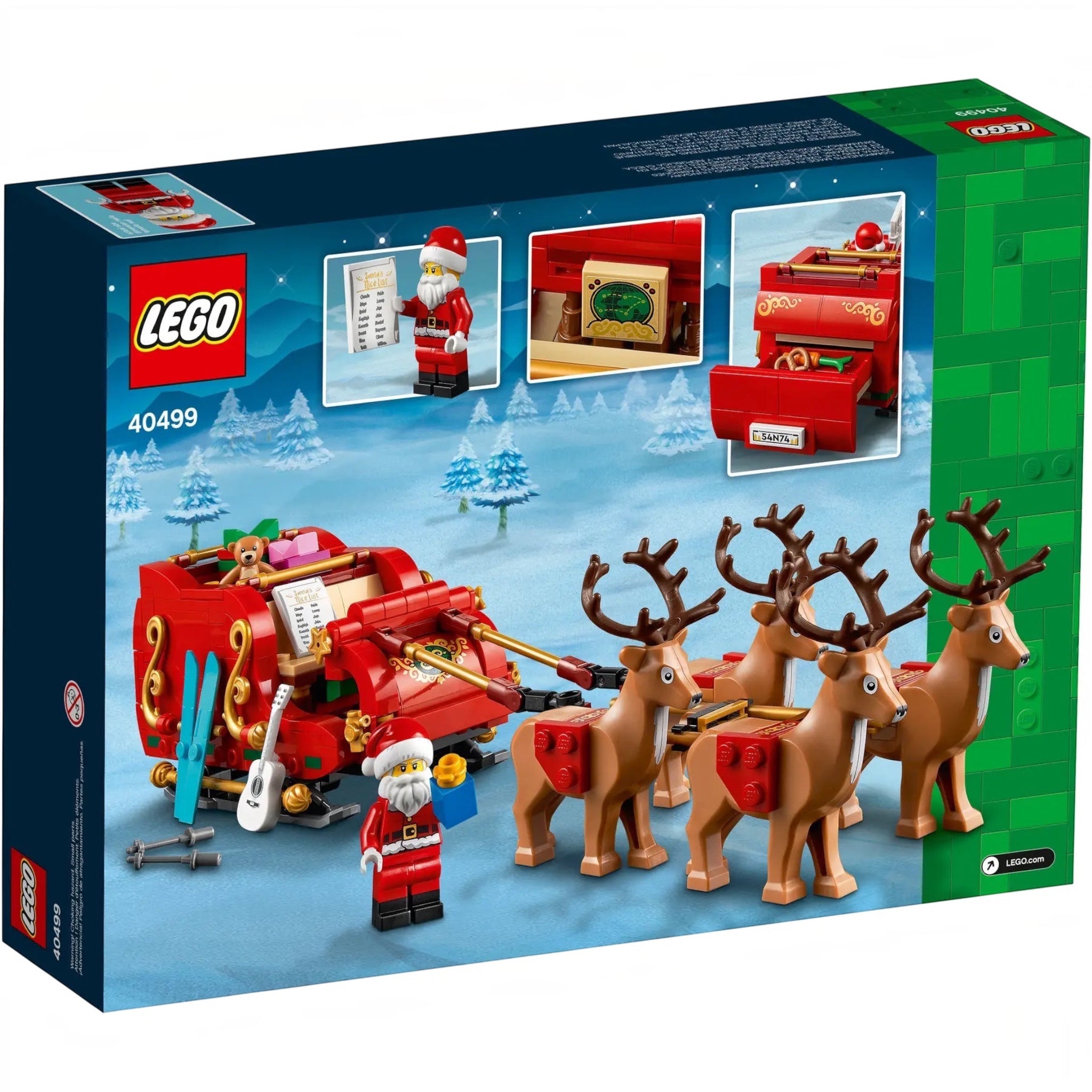 LEGO Santa's Sleigh set packaging with Santa Claus, reindeer, and sleigh.