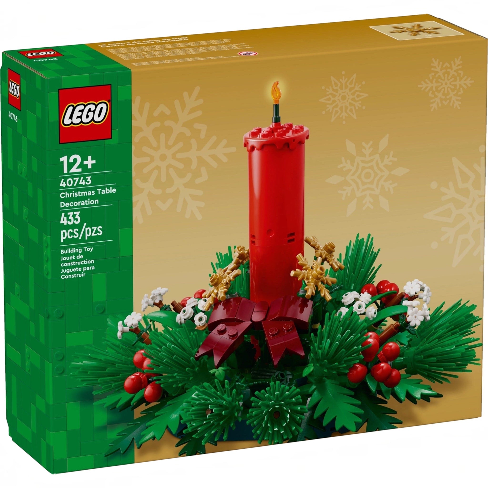 LEGO Christmas table decoration set packaging with red candle and festive elements.