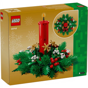 LEGO Christmas wreath set packaging with a red candle and festive decorations.