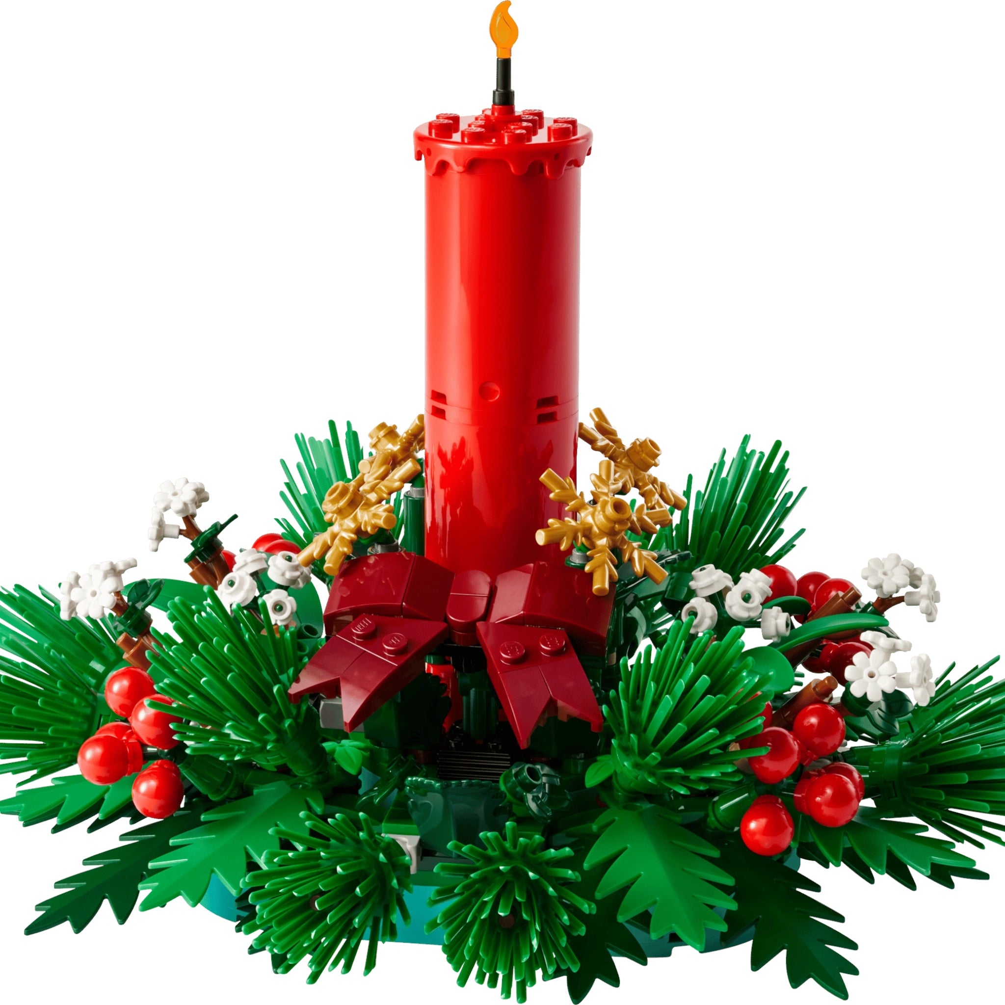 Red candle with green wreath and decorative elements on a white background