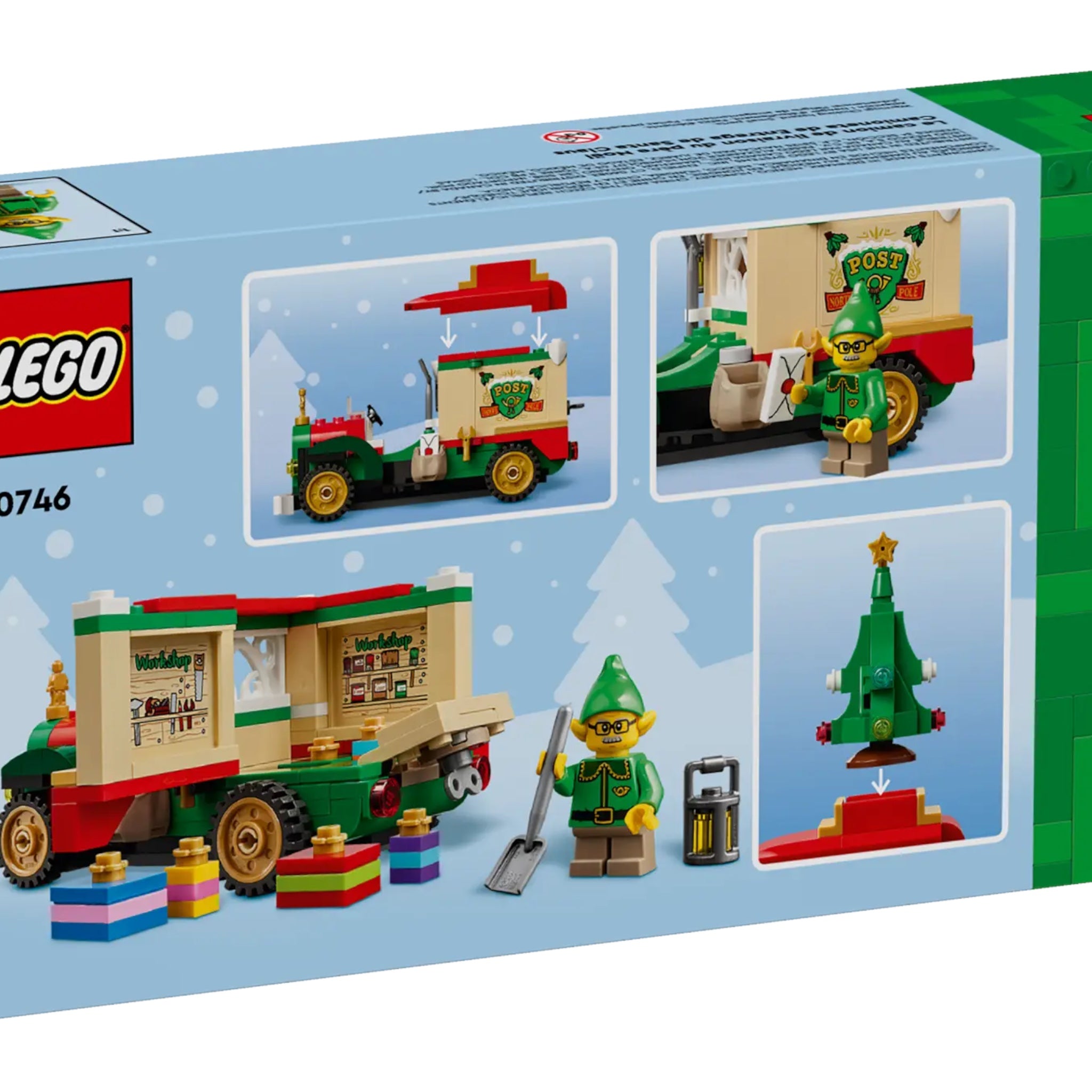 LEGO set packaging with Christmas-themed elements on a light blue background