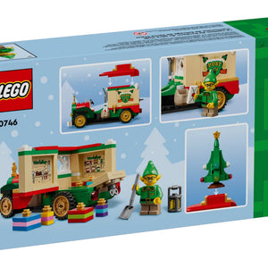 LEGO set packaging with Christmas-themed elements on a light blue background