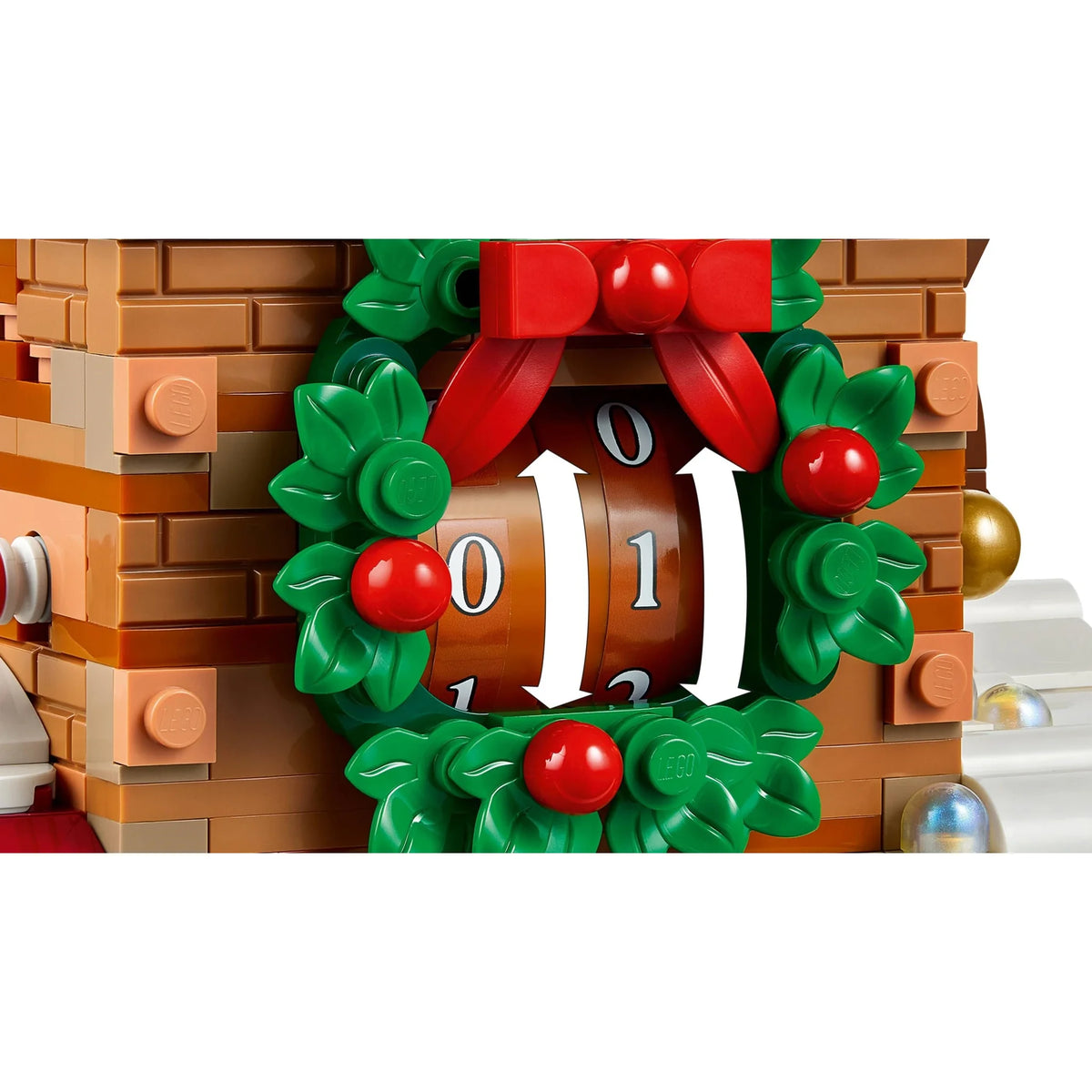 [built-detail] Close-up of a LEGO Christmas advent clock showing the number 11, decorated with a green wreath, red bow, and red berries, set against a white background.