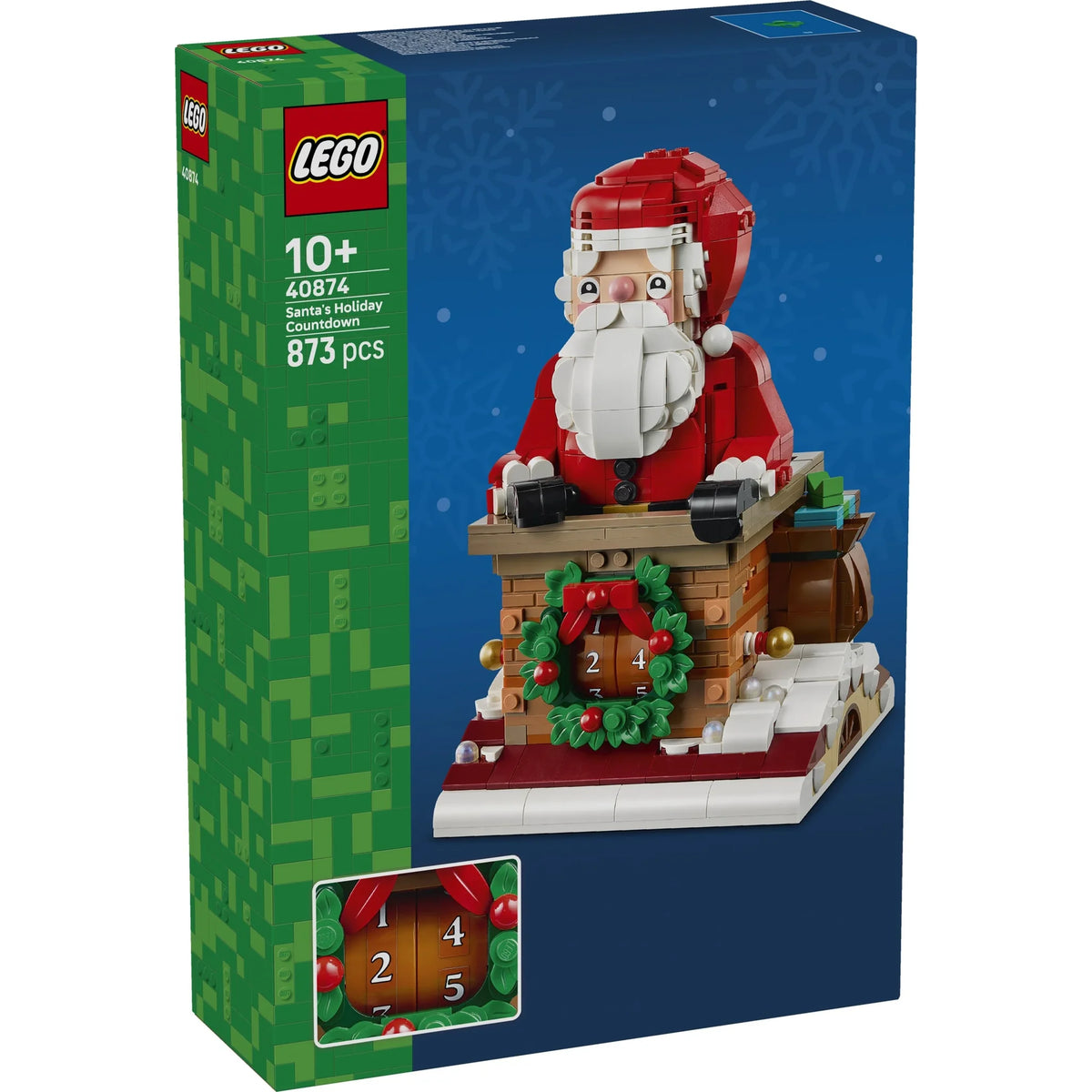 [box-front] LEGO Santa's Holiday Cribbage set box, set number 40874, featuring a red and white Santa figure on a decorated wooden cribbage board with green wreaths and a brown background.