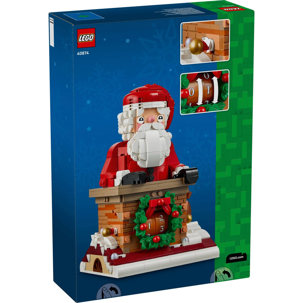[box-back] LEGO 41067 Christmas Santa's Workshop box, showing the front packaging with a photo of the assembled brick set on the box, blue background, green side panel, and two inset detail images in the top right.