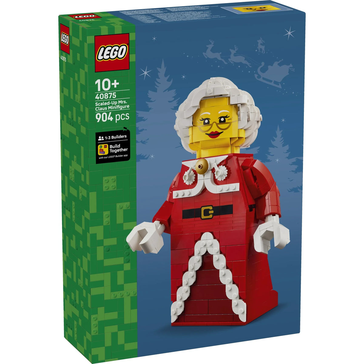 [box-front] LEGO Classic Minifigures Santa Node 103 brick set in its original retail packaging, featuring a 904-piece build with a red dress, white hair, and yellow face.