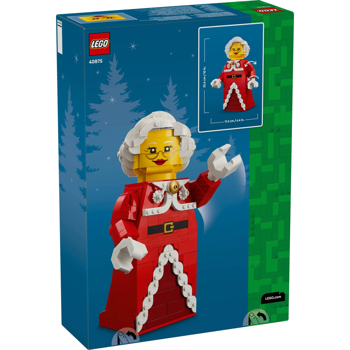 [box-back] LEGO minifigure box for the 40875 Santa Minifigure, showing a red and white dressed Santa with white hair on a blue and green LEGO box.