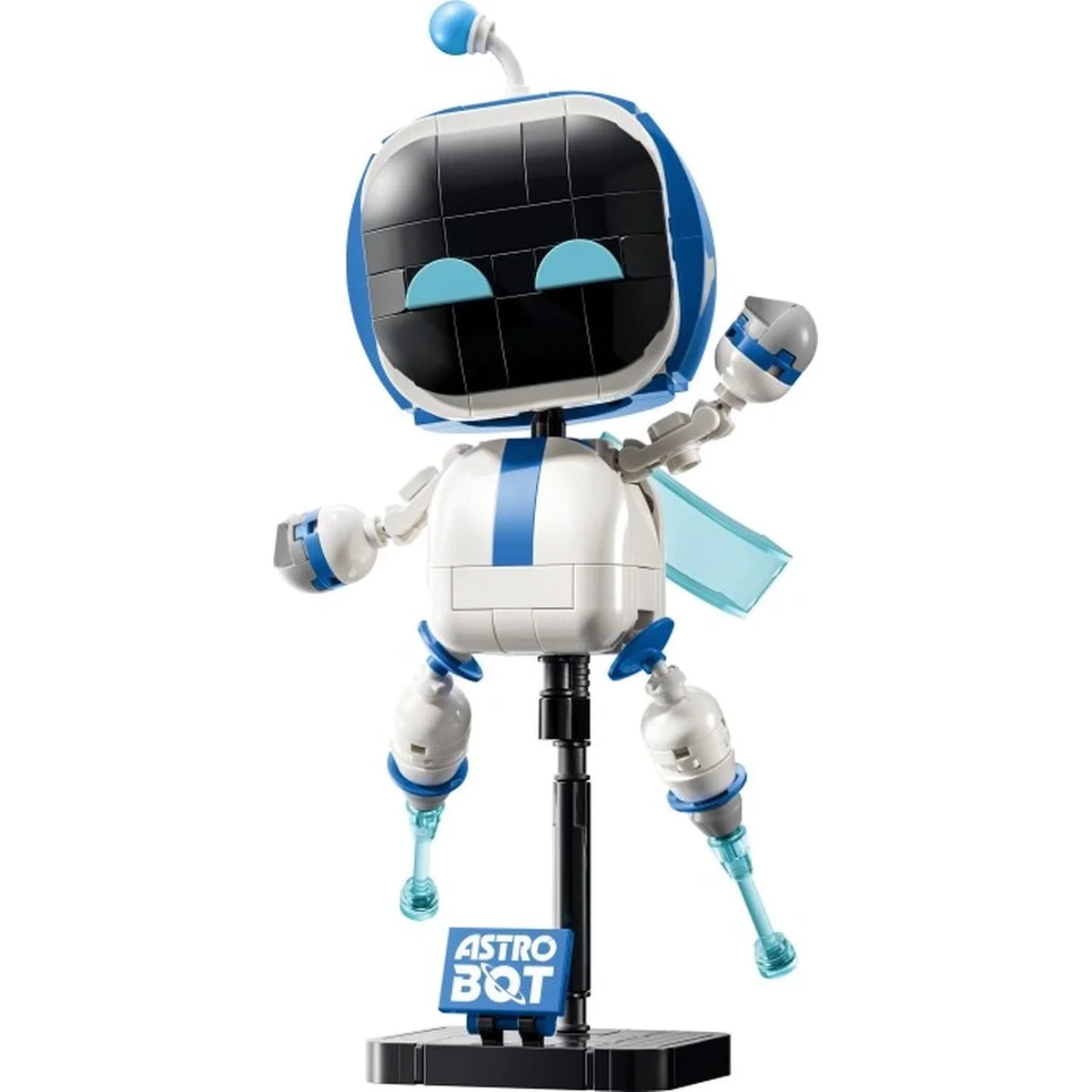 [built-white] LEGO Brain Building Astro Bot toy figure displayed on a black stand against a white background.