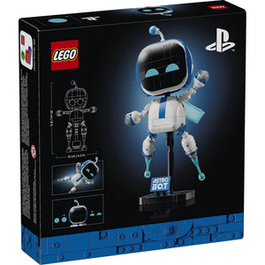 [box-back] LEGO PlayStation Astro Bot building set box, showing the assembled toy on the front with LEGO and PlayStation branding, dimensions, and feature diagrams on a black background.