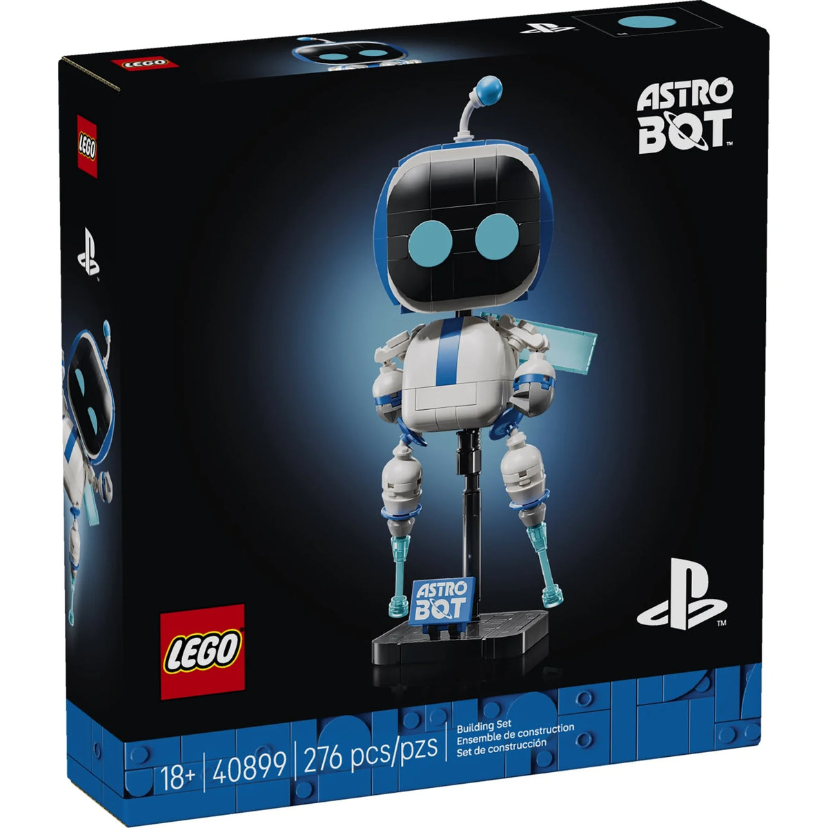[box-front] LEGO Astro Bot toy building set retail box, showing the assembled Astro Bot figure on a display stand against a dark blue-to-black background. Visible branding includes LEGO, PlayStation, and Astro Bot on the packaging.