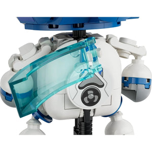 [built-detail] A close-up of a white and blue toy robot or mechanical figure with a translucent cyan shield or visor over the front, shown on a plain white background.