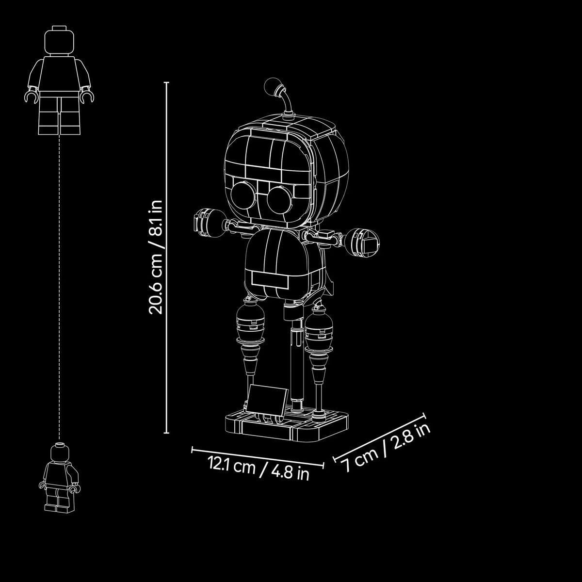 [built-detail] White line-art product diagram of a small robot figure on a black background, with dimension labels showing 20.6 cm height, 12.
