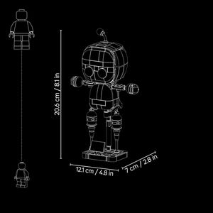 [built-detail] White line-art product diagram of a small robot figure on a black background, with dimension labels showing 20.6 cm height, 12.