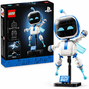 [box-set] LEGO Astro Bot building set shown with the retail box and the assembled toy figure on a stand against a clean white background. The box displays the LEGO and PlayStation branding, while the figure is white with blue accents, a black face panel, and translucent blue accessories.