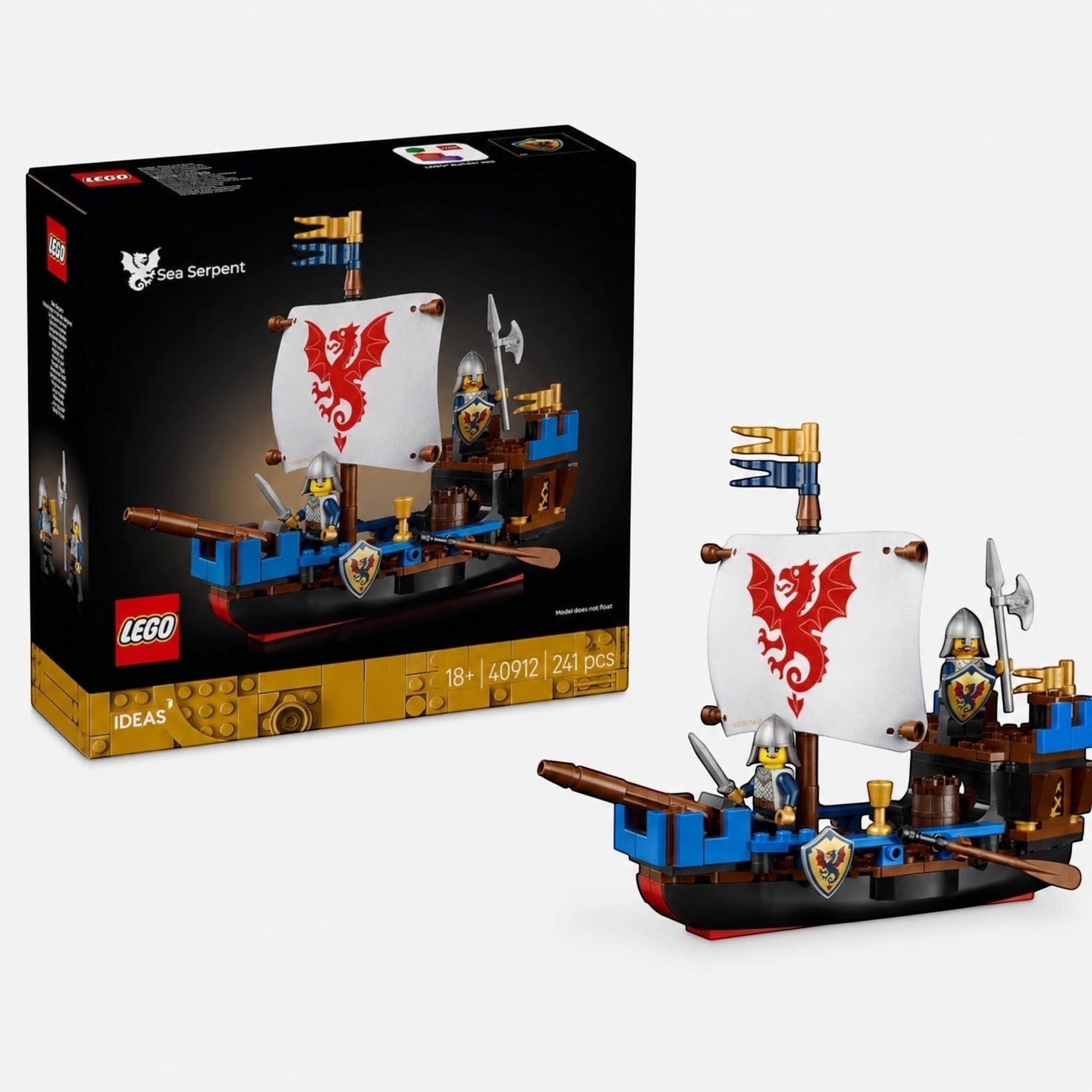 LEGO Ideas Sea Serpent toy set shown with its retail box on a light gray background. The box is black with the LEGO logo and an illustration of the built set.